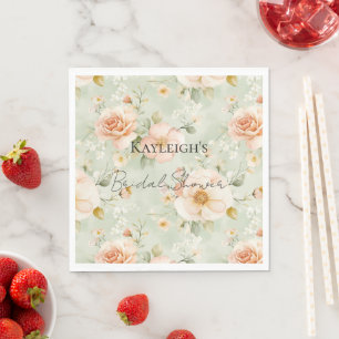 Romantic Peach Mint Roses Floral Bridal Shower Napkin