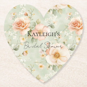 Romantic Peach Mint Roses Floral Bridal Shower Paper Coaster
