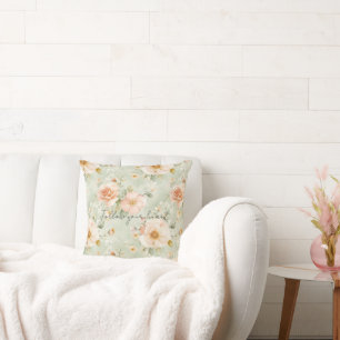 Romantic Peach Mint Roses Floral Throw Pillow