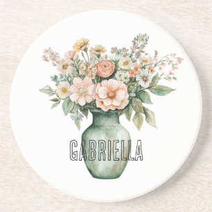 Romantic Peach Mint Roses Floral Vase Coaster