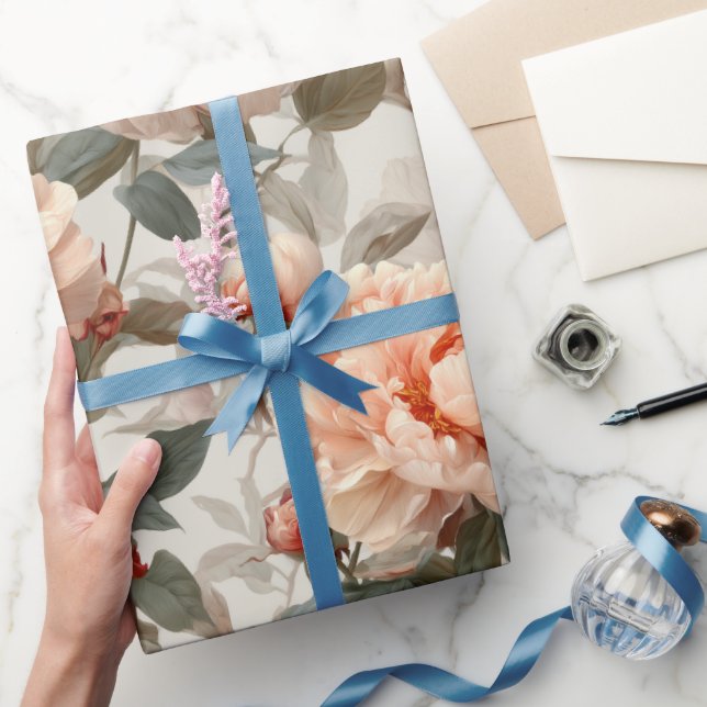 Romantic Peach Peony Ivory Floral Pattern Wrapping Paper (Gifting)
