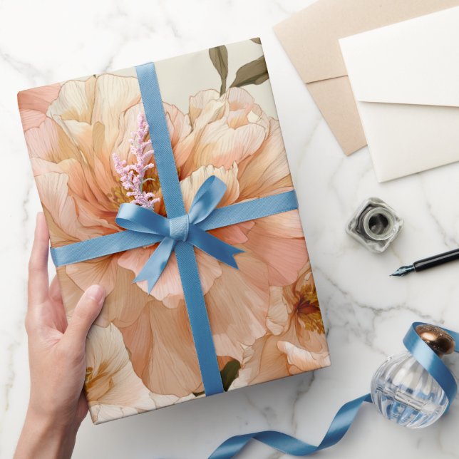 Romantic Peach Peony Ivory Floral Pattern Wrapping Paper (Gifting)