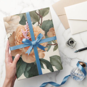 Romantic Peach Peony Ivory Floral Pattern Wrapping Paper