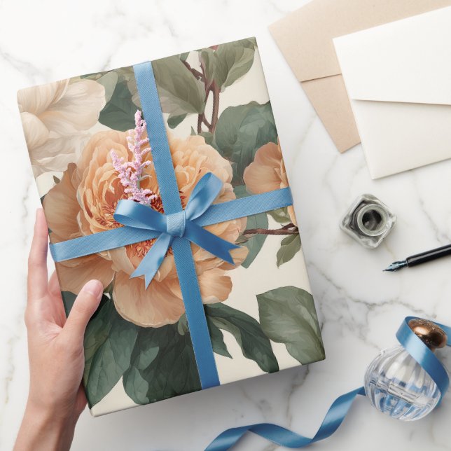 Romantic Peach Peony Ivory Floral Pattern Wrapping Paper (Gifting)