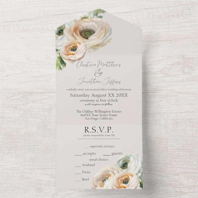 Romantic Peach Ranunculus on Ivory All In One Invitation (Inside)