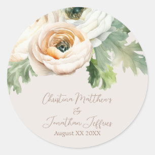 Romantic Peach Ranunculus on Ivory Classic Round Sticker