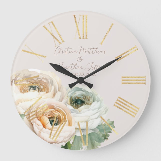 Romantic Peach Ranunculus on Ivory Large Clock (Front)