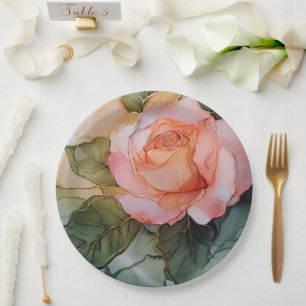 Romantic Peach Rose Floral Bridal Shower Paper Plate