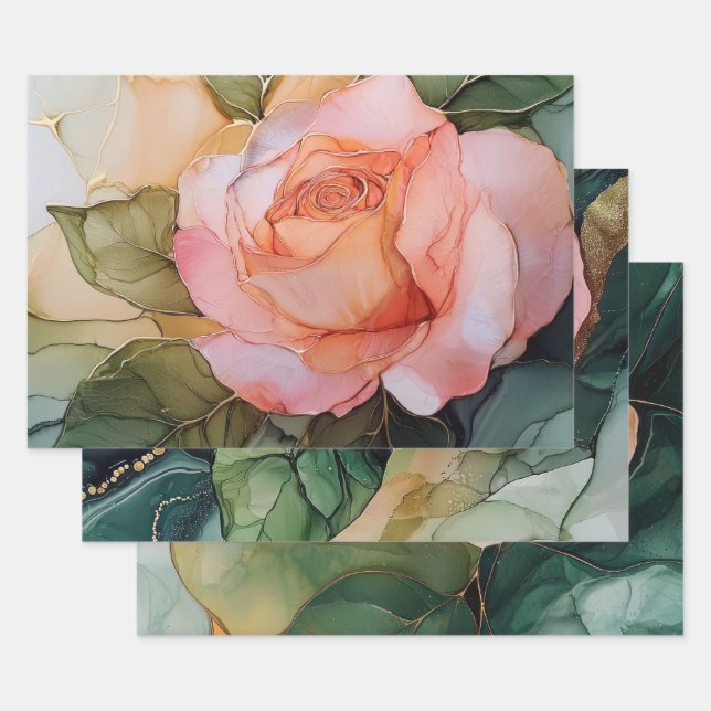 Romantic Peach Rose Floral Bridal Shower Wrapping Paper Sheet (Set)