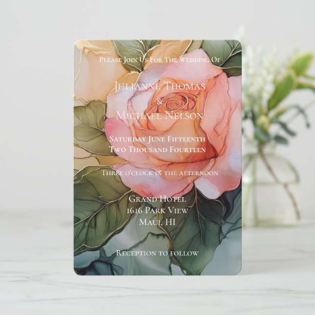 Romantic Peach Rose Floral Wedding Invitation (Standing Front)