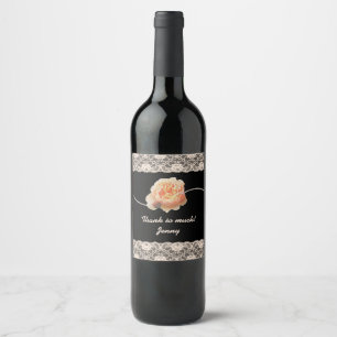 Romantic Peach Rose with Faux Lace on Black Wine Label