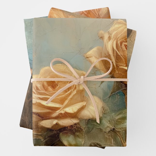 Romantic Peach Roses Floral Bridal Shower Wrapping Paper Sheet (In situ)