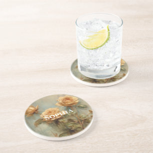 Romantic Peach Roses Floral  Coaster