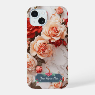 Romantic Peach Roses on Elegant White Marble iPhone 15 Case
