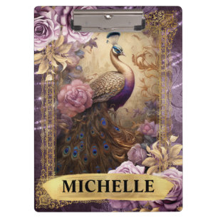 Romantic Peacock and Purple Roses Fantasy Clipboard