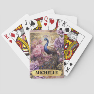Romantic Peacock and Purple Roses Fantasy Playing Cards