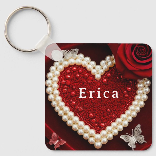 Romantic Pearl Heart Rose Pillow Design ❤️ Keychain (Front)