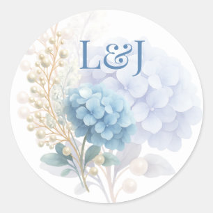 Romantic Pearl Hydrangea Blue Waterercolor Wedding Classic Round Sticker