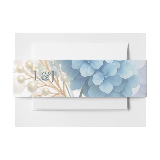 Romantic Pearl Hydrangea Blue Waterercolor Wedding Invitation Belly Band (Front Example)