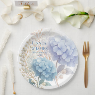 Romantic Pearl Hydrangea Blue Waterercolor Wedding Paper Plate