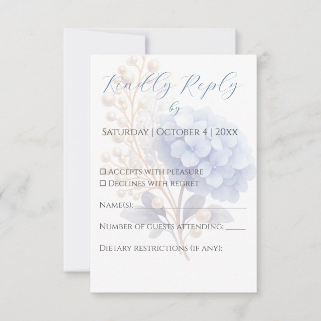 Romantic Pearl Hydrangea Blue Waterercolor Wedding RSVP Card (Front)