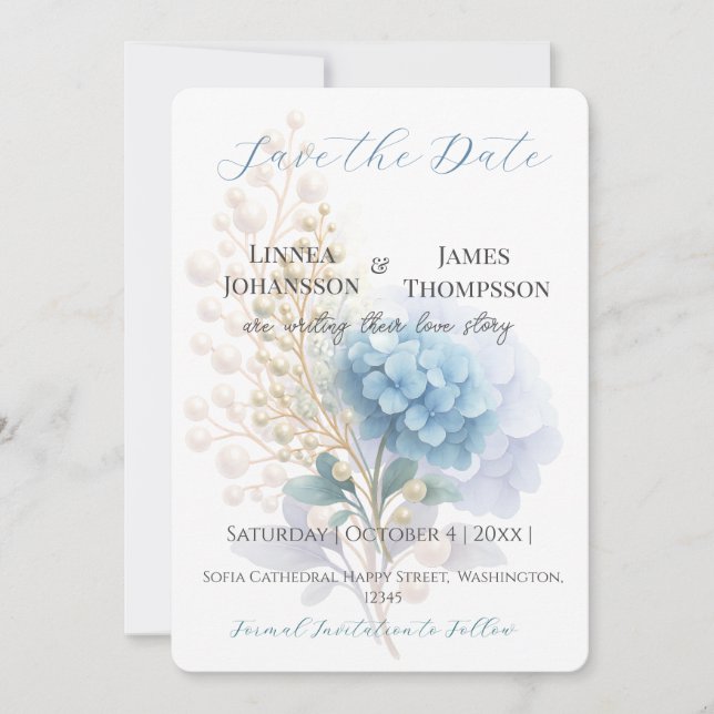 Romantic Pearl Hydrangea Blue Waterercolor Wedding Save The Date (Front)