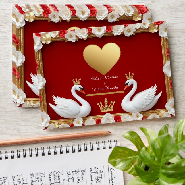 🦢 Romantic Pearl Swan Wedding Red Gold Theme ✨ Envelope (Stacked)