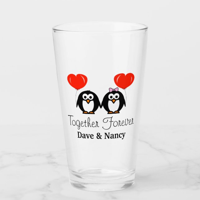 Romantic penguin cartoon custom wedding couple glass (Front)
