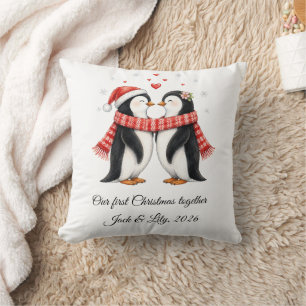 Romantic Penguins Couple Personalized Christmas Throw Pillow