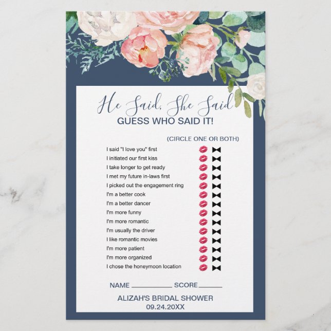 Romantic Peonies | Blue He Said She Said Game Flyer (Front)