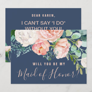 Romantic Peonies   Blue Maid Of Honour Proposal Invitation