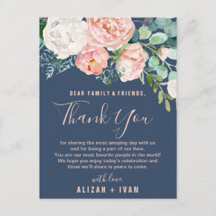Romantic Peonies   Blue Thank You Reception Card