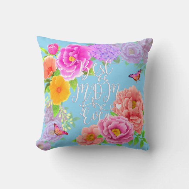 Romantic Peonies Garden Blue Best Mom Throw Pillow (Front)