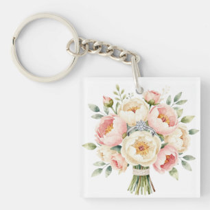 Romantic Peony Bouquet with Diamond Ring Keychain