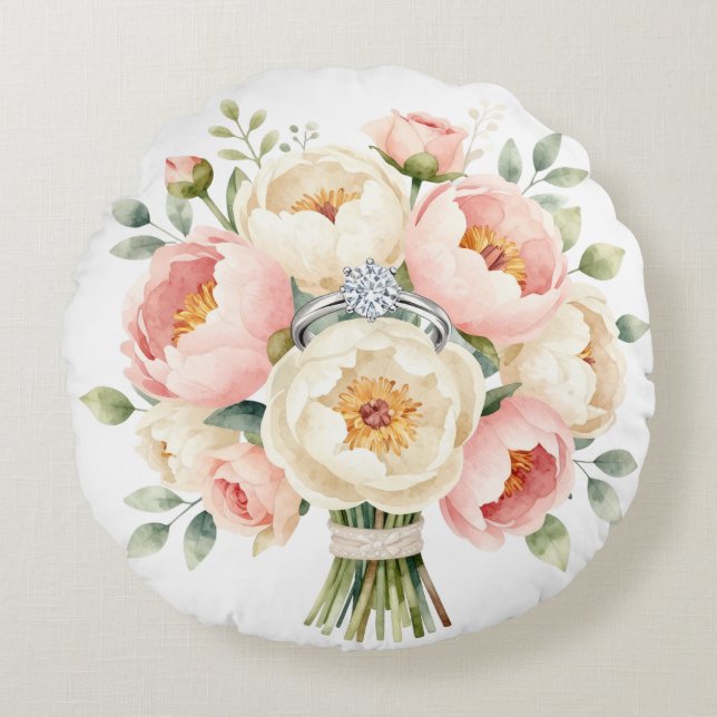 Romantic Peony Bouquet with Diamond Ring Round Pillow (Front)