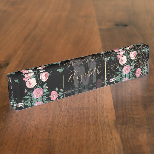Romantic peony floral and golden confetti design nameplate