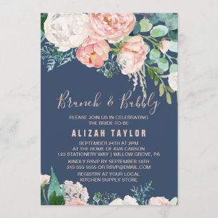 Romantic Peony Flowers Blue Brunch & Bubbly Invitation