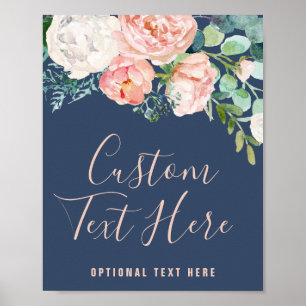 Romantic Peony Flowers   Blue Custom Text Sign