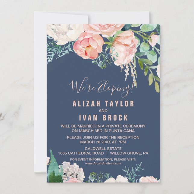 Romantic Peony Flowers | Blue Elopement Reception Invitation (Front)