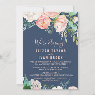 Romantic Peony Flowers   Blue Elopement Reception Invitation