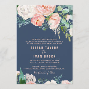 Romantic Peony Flowers Blue Formal Wedding Invitation