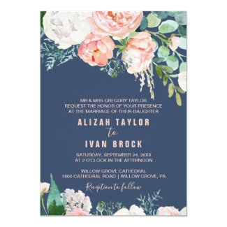 Romantic Peony Flowers | Blue Formal Wedding Invitation