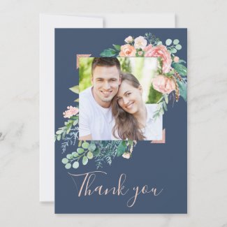 Romantic Peony Flowers | Blue Photo Thank You Card