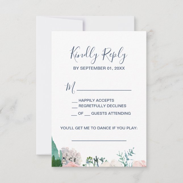 Romantic Peony Flowers Blue Song Request RSVP Card (Front)