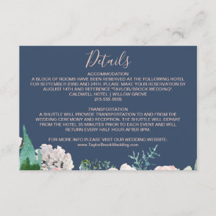 Romantic Peony Flowers   Blue Wedding Details Card