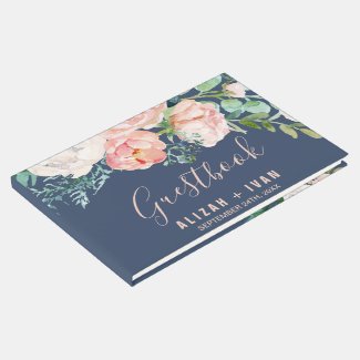 Romantic Peony Flowers | Blue Wedding Guest Book
