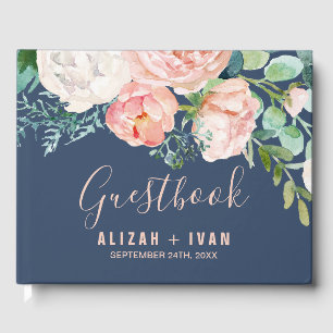 Romantic Peony Flowers Blue Wedding Guest Book