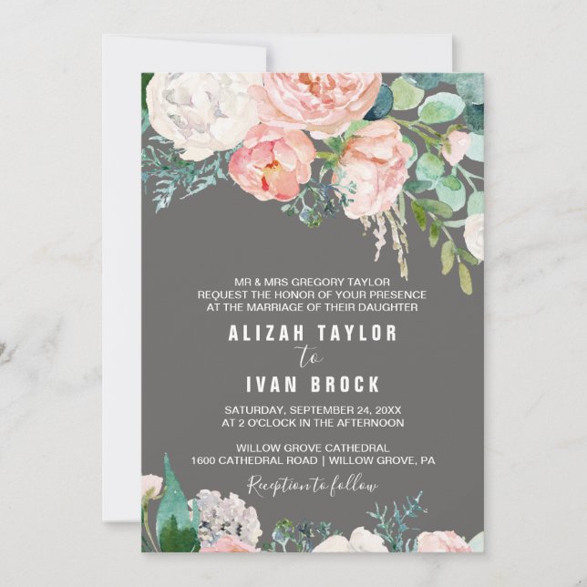 Romantic Peony Flowers | Grey Formal Wedding Invitation (Front)