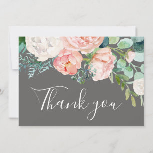 Romantic Peony Flowers   Grey Thank You Card