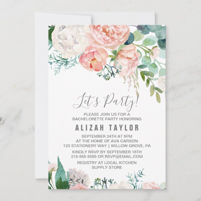 Romantic Peony Flowers Let's Party Invitation (Front)
